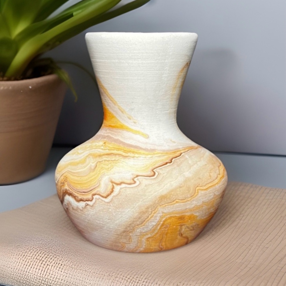 Nemadji Vintage Natural Orange Creamsicle Swirl Pottery Vase 3.5” Signed/Marked